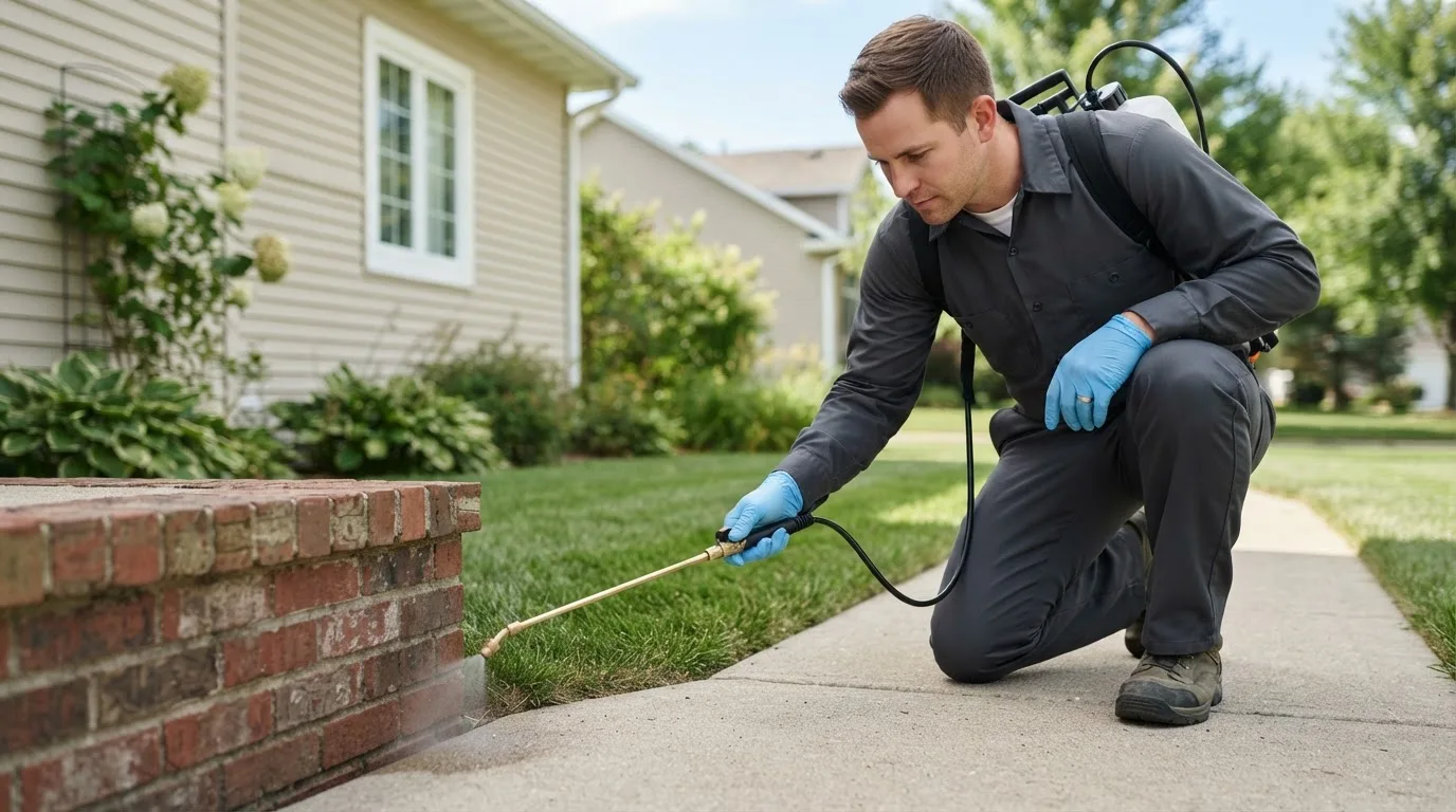 Pest control technician treating a home near Chicago Heights, IL